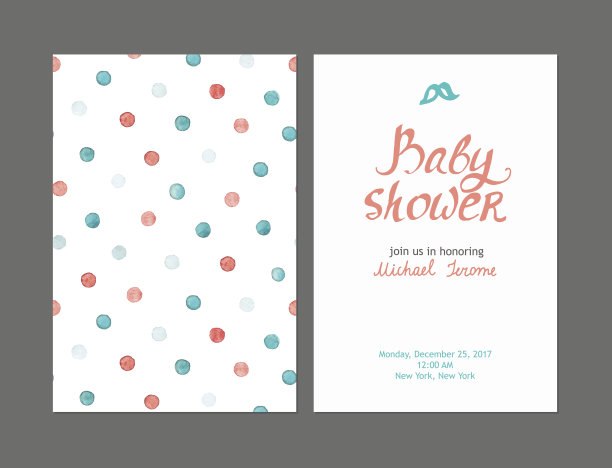 宝宝派对男孩邀请，矢量模板。彩色蜡笔卡与水彩点和手绘文本在光的背景。图片下载