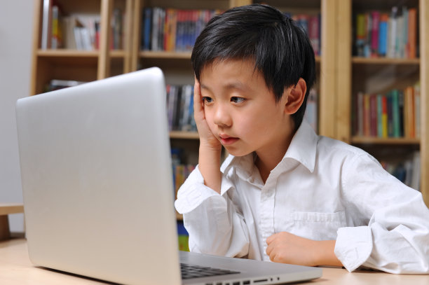 亚洲男孩坐在笔记本电脑前图片下载