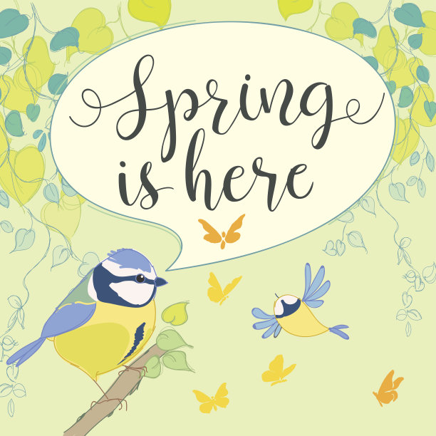 春天来了，蓝山雀来了。卡通鸟。图片下载