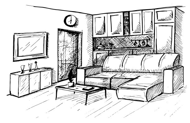 手绘。室内的线性草图。房间的计划。图片下载