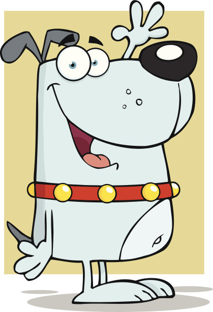 快乐的灰色狗卡通人物挥手问候与背景图片下载