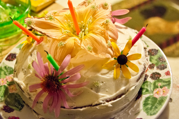 夏日的生日蛋糕，点缀着鲜花和蜡烛图片下载