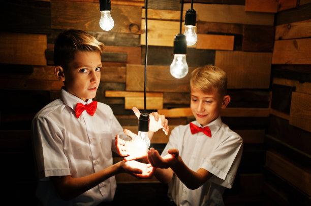 两兄弟在工作室的木墙前摆姿势，墙上挂着启用的灯泡图片下载