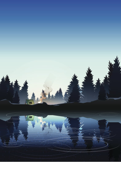 中午在湖边的松林里露营素材图片