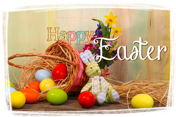 复活节快乐彩蛋柳条篮子白色框架图片下载