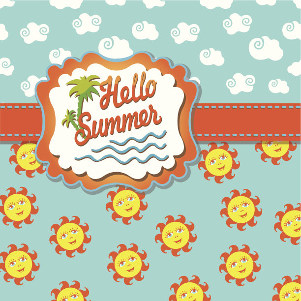 背景你好夏天卡通太阳和云彩。eps图片下载