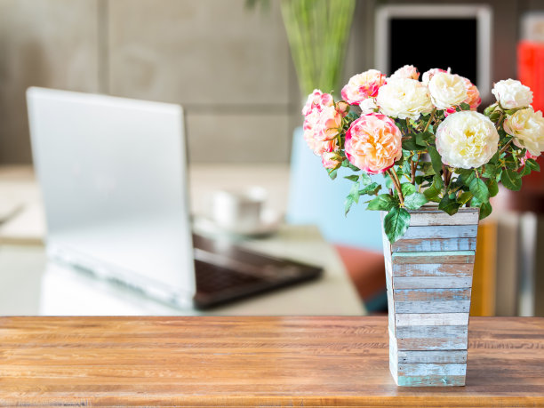 人工花瓶在现代工作空间背景模糊的形象图片下载