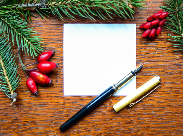 空白纸笔记与钢笔和圣诞树的树枝在木制的背景图片下载