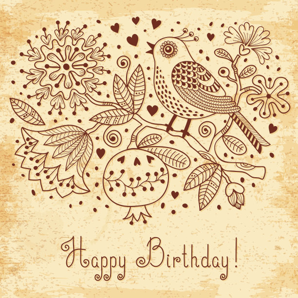 装饰着鲜花和小鸟的复古节日贺卡。图片下载