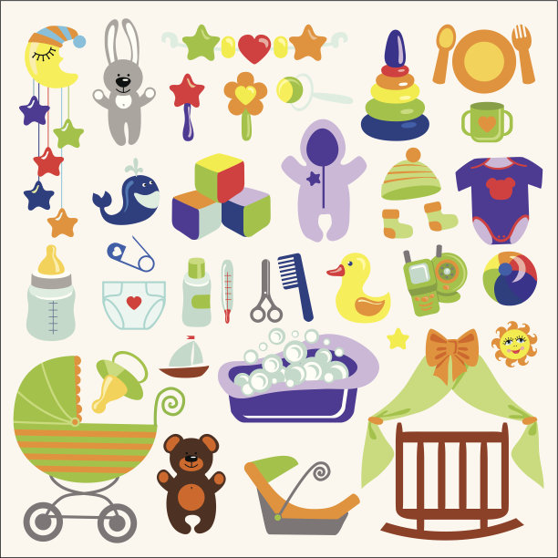 新生儿婴儿物品集合。婴儿洗澡图片下载
