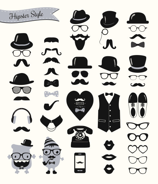 潮人风格的旗帜，胡子和复古图标集图片下载