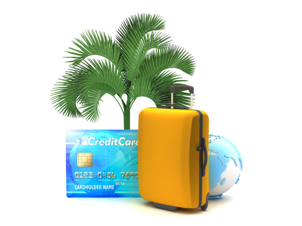 手提箱，棕榈树，信用卡和地球仪图片下载