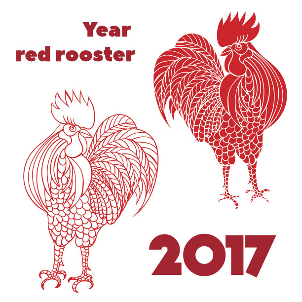 一组红色的公鸡…手绘涂鸦轮廓和剪影图片下载