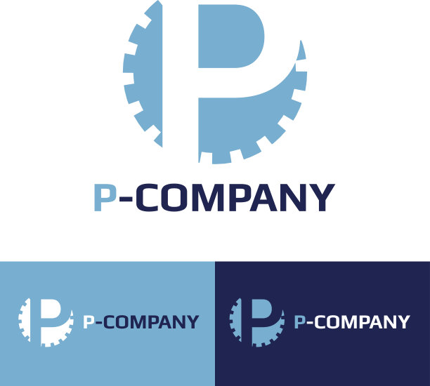 向量极简的蓝色P字母齿轮标志类型图片下载
