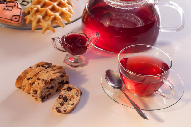 花茶配葡萄干饼干和覆盆子果酱图片下载