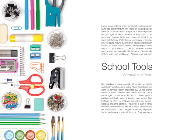 白色背景上的各种学习用品图片下载