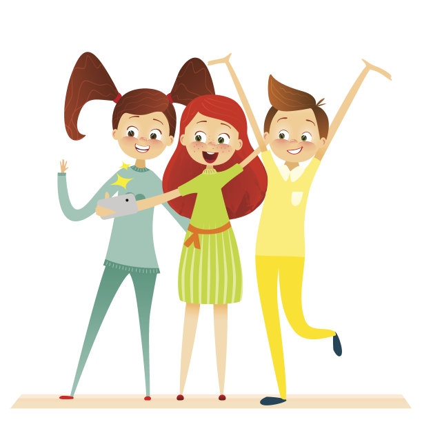 卡通儿童性格。孩子们微笑，自拍。朋友。平面向量。图片下载