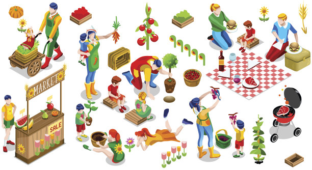 等距的人家庭树植物图标设置矢量插图图片下载