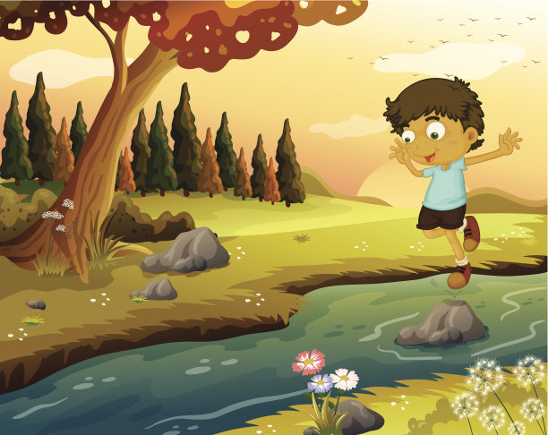 男孩在流水边玩耍图片下载