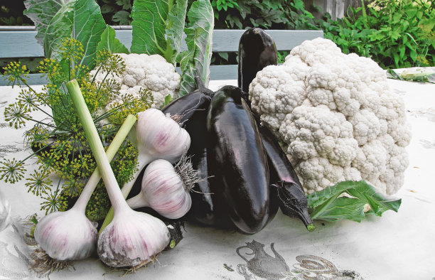 茄子、大蒜、莳萝、花椰菜、从床上捡来的蔬菜躺在桌上图片下载