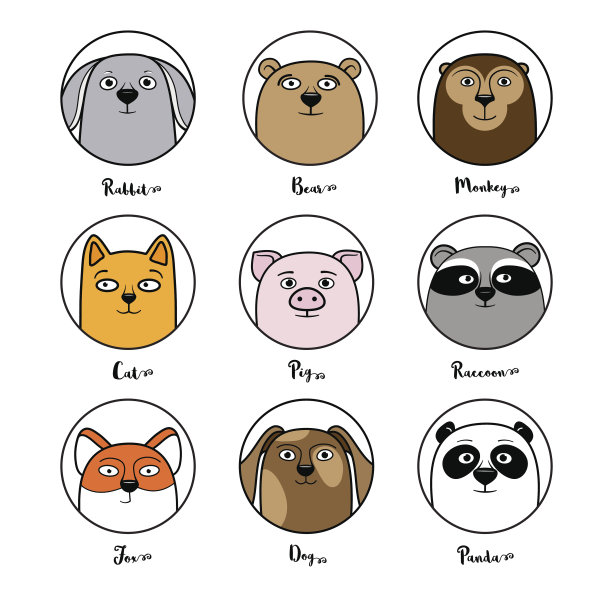 一组可爱的动物化身在圆圈图片下载