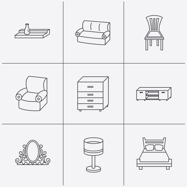 双人床，台灯和扶手椅图标。图片下载