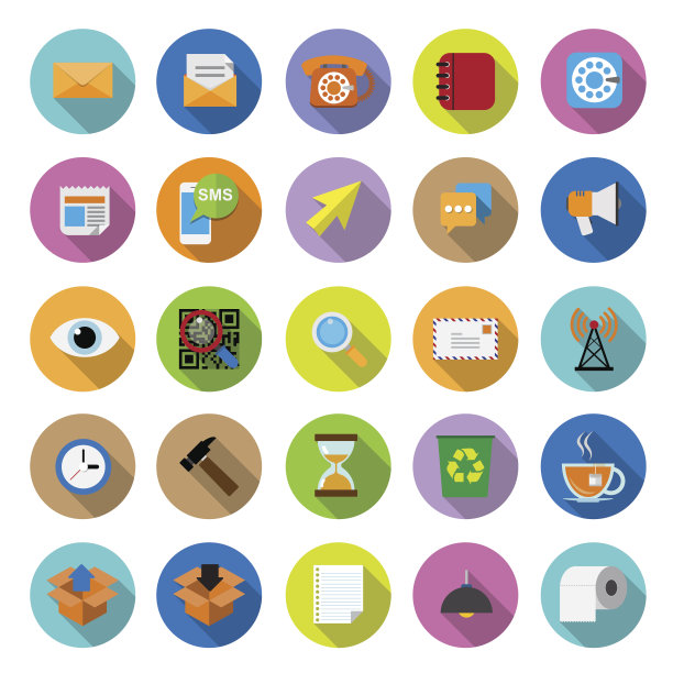 带有长阴影的平面图标集合图片下载