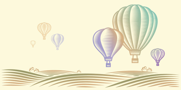 田野和热气球在空中的乡村景观图片下载