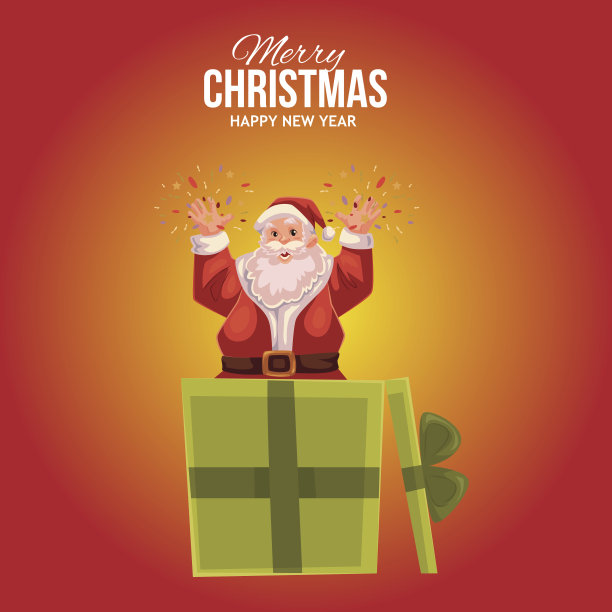 卡通圣诞老人从盒子里跳出来的贺卡素材图片