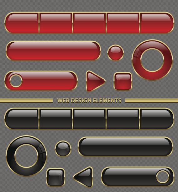 光泽网按钮不同的形状设置。红色和黑色塑料在金色薄框架集合孤立在透明的背景图片下载