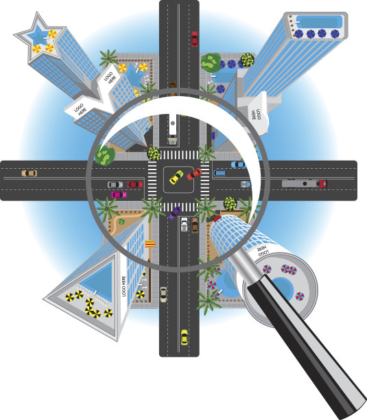 用放大镜俯瞰城市。图片下载