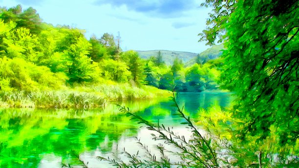 山瀑布图像水彩画素材图片