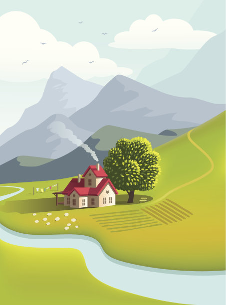 红色屋顶的乡村房子的插图图片下载