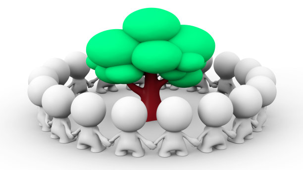 白色3d角色围绕着一棵树站成一圈图片下载