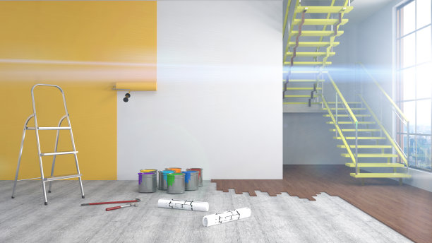 修理和粉刷房间的墙壁。三维演示图片下载