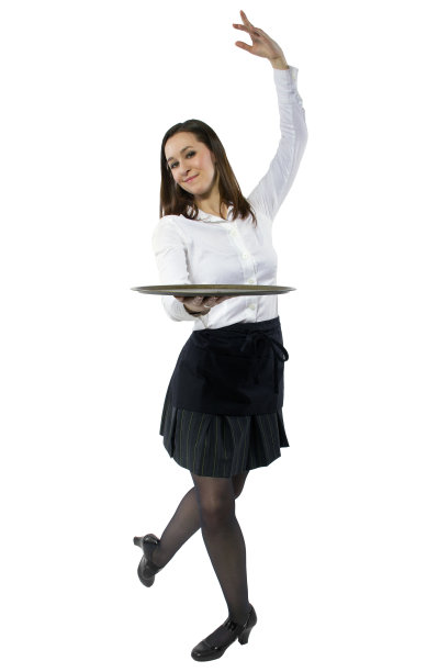 女服务员在白色背景上与托盘跳舞图片下载