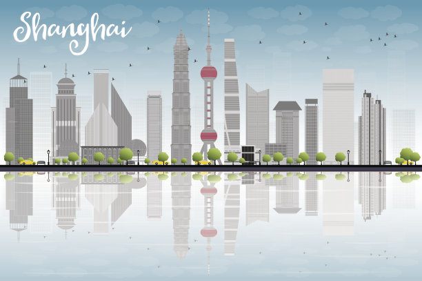 蓝色的天空和灰色的摩天大楼构成了上海的天际线素材图片