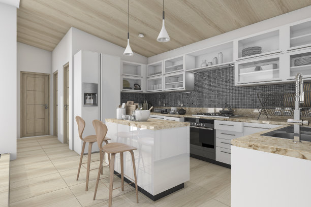 现代木质厨房与用餐台的3D渲染图片下载