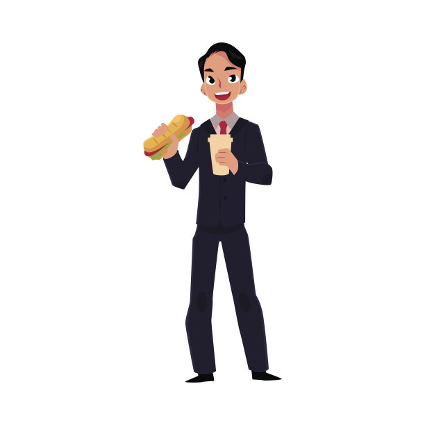 年轻的商人穿着西装，拿着咖啡杯，吃着三明治图片下载