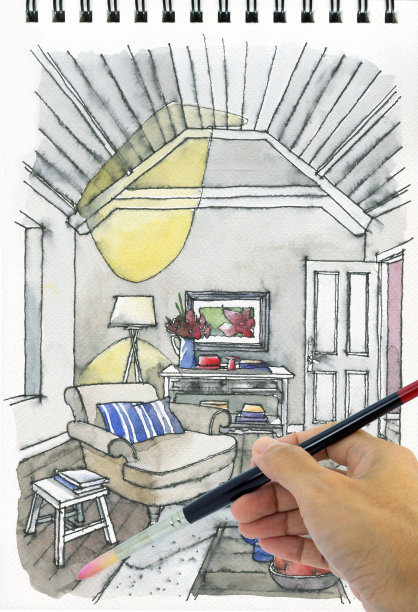 手绘和水彩插画客厅内部图片下载