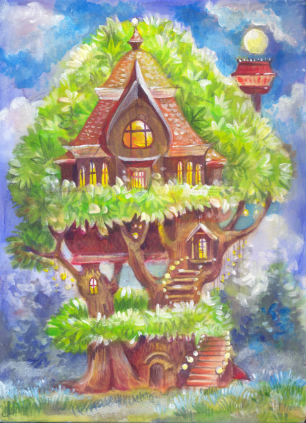 儿童插图与一个奇妙的树房子。幻想图片图片下载