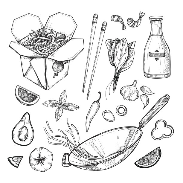 手绘矢量插图-锅。锅盒，锅盘，面条，番茄，辣椒，虾，酱油等。亚洲快餐图片下载