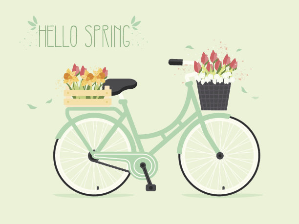 复古自行车与春花篮。图片下载
