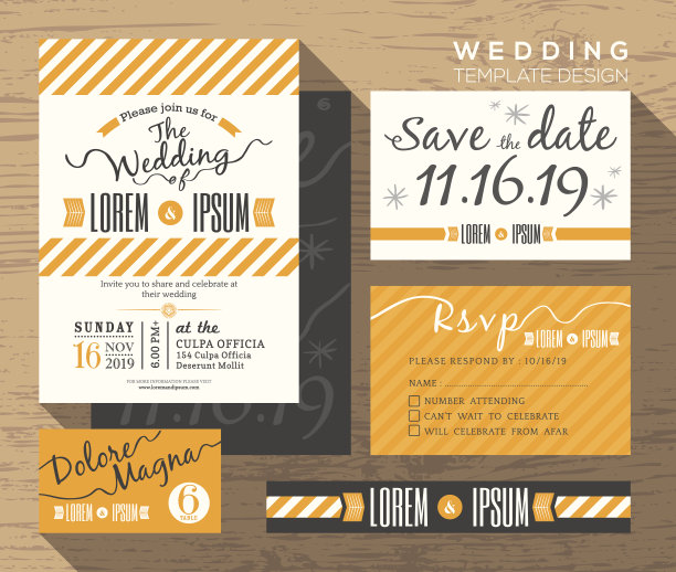 现代黄色条纹婚礼邀请集设计模板图片下载