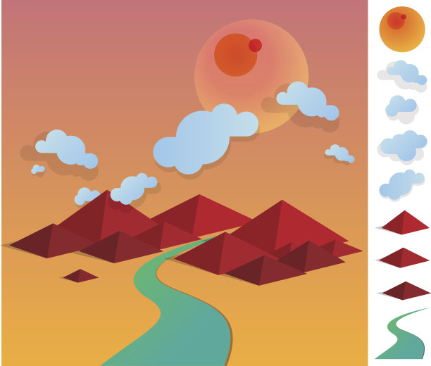 几何景观的插图与河流之间的山图片下载