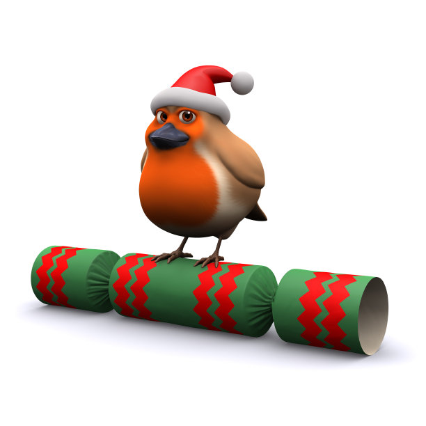 3d圣诞知更鸟坐在圣诞爆竹上图片下载