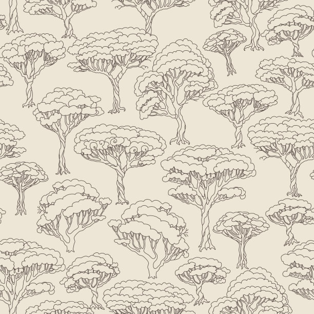 向量抽象无缝花图案。幻想松树剪影。米色和棕色背景。植树节墙纸。纺织印花，蜡染，包装纸，页填充物素材图片