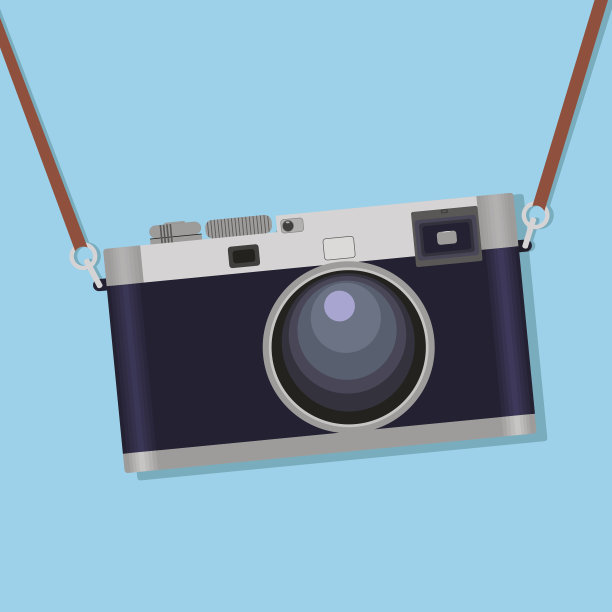 蓝色背景上的老式照相机。平的风格图片下载