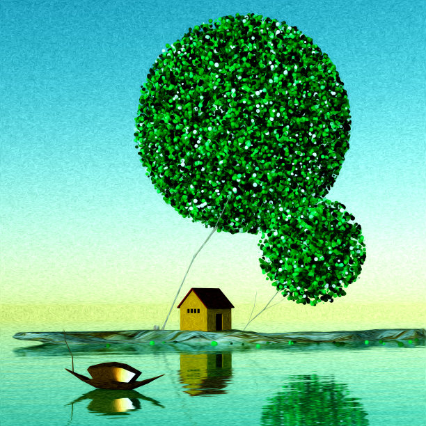 黄色的房子坐在下面两个绿色的大圆圈图片下载