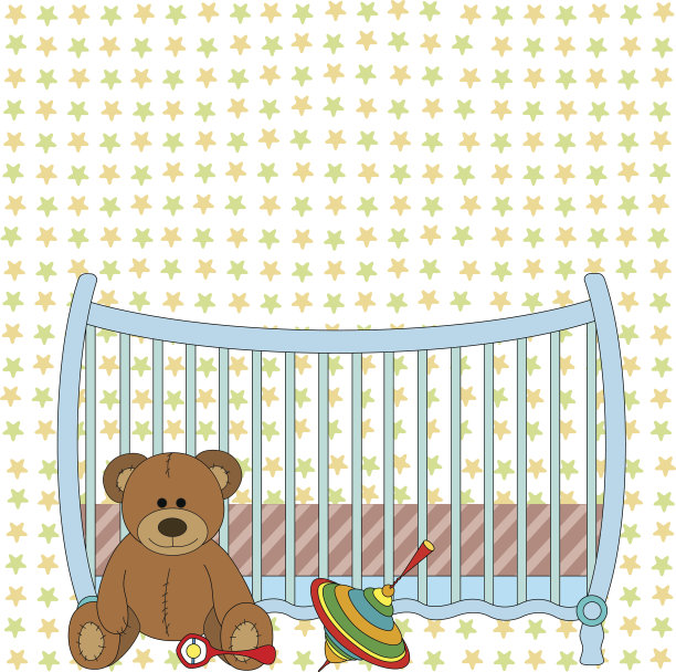 在星星的背景上有一个柔软的玩具和旋转木马的小床图片下载